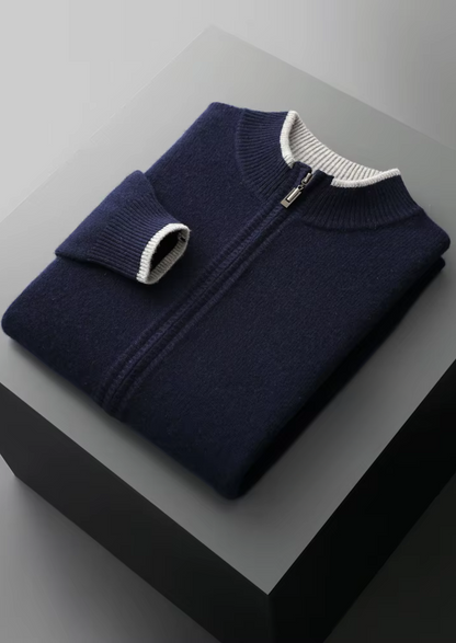 PURE EXTRA-FINE MERINO WOOL TWO-TONE ZIP CARDIGAN