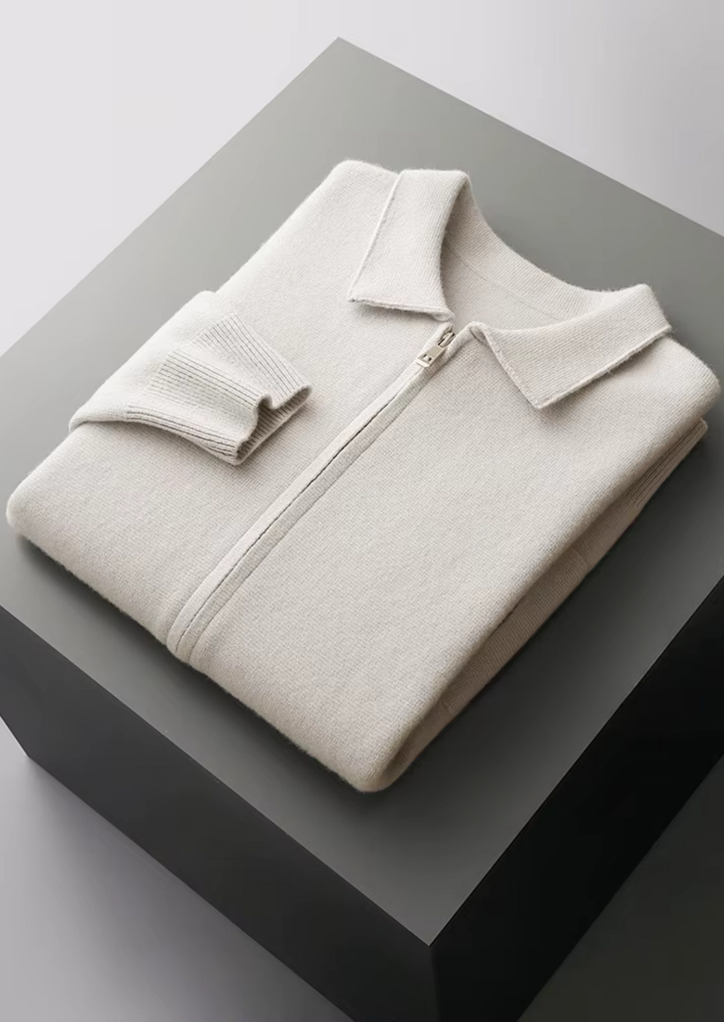 PURE EXTRA-FINE MERINO WOOL ZIP POLO CARDIGAN