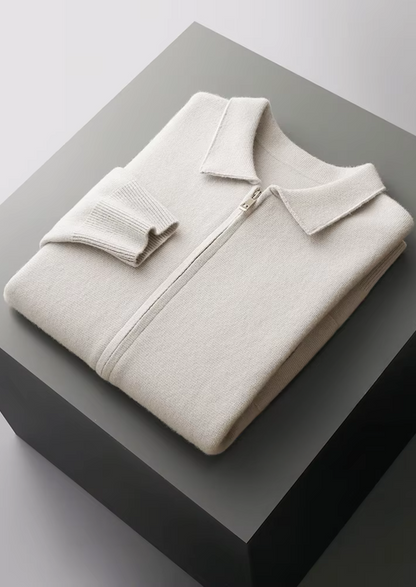PURE EXTRA-FINE MERINO WOOL ZIP POLO CARDIGAN